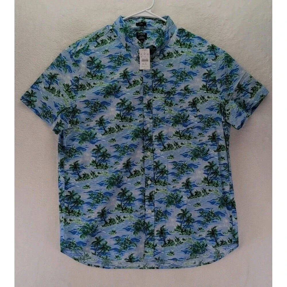 J.Crew Flex Washed Slim Hawaiian Palm Trees Button Down Short Sleeve Shirt XL